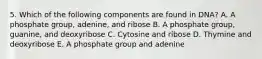 5. Which of the following components are found in DNA? A. A phosphate group, adenine, and ribose B. A phosphate group, guanine, and deoxyribose C. Cytosine and ribose D. Thymine and deoxyribose E. A phosphate group and adenine