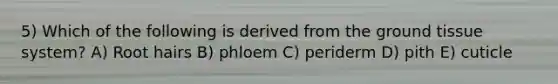 5) Which of the following is derived from the ground tissue system? A) Root hairs B) phloem C) periderm D) pith E) cuticle