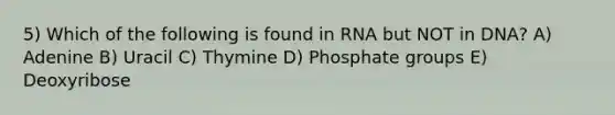 5) Which of the following is found in RNA but NOT in DNA? A) Adenine B) Uracil C) Thymine D) Phosphate groups E) Deoxyribose