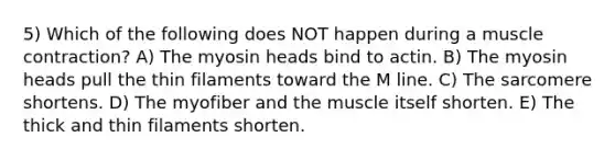 5) Which of the following does NOT happen during a muscle contraction? A) The myosin heads bind to actin. B) The myosin heads pull the thin filaments toward the M line. C) The sarcomere shortens. D) The myofiber and the muscle itself shorten. E) The thick and thin filaments shorten.