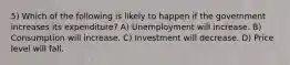 5) Which of the following is likely to happen if the government increases its expenditure? A) Unemployment will increase. B) Consumption will increase. C) Investment will decrease. D) Price level will fall.