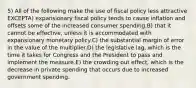 5) All of the following make the use of fiscal policy less attractive EXCEPTA) expansionary fiscal policy tends to cause inflation and offsets some of the increased consumer spending.B) that it cannot be effective, unless it is accommodated with expansionary monetary policy.C) the substantial margin of error in the value of the multiplier.D) the legislative lag, which is the time it takes for Congress and the President to pass and implement the measure.E) the crowding out effect, which is the decrease in private spending that occurs due to increased government spending.