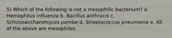 5) Which of the following is not a mesophilic bacterium? a. Hemophilus influenza b. Bacillus anthracis c. Schizosaccharomyces pombe d. Streptococcus pneumonia e. All of the above are mesophiles