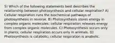 5) Which of the following statements best describes the relationship between photosynthesis and cellular respiration? A) Cellular respiration runs the biochemical pathways of photosynthesis in reverse. B) Photosynthesis stores energy in complex organic molecules; cellular respiration releases energy from complex organic molecules. C) Photosynthesis occurs only in plants; cellular respiration occurs only in animals. D) Photosynthesis is catabolic; cellular respiration is anabolic.