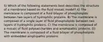 5) Which of the following statements best describes the structure of a membrane based on the fluid mosaic model? A) The membrane is composed of a fluid bilayer of phospholipids between two layers of hydrophilic proteins. B) The membrane is composed of a single layer of fluid phospholipids between two layers of hydrophilic proteins. C) The membrane is composed of a mosaic of fluid polysaccharides and amphipathic proteins. D) The membrane is composed of a fluid bilayer of phospholipids with embedded amphipathic proteins