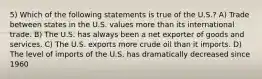 5) Which of the following statements is true of the U.S.? A) Trade between states in the U.S. values more than its international trade. B) The U.S. has always been a net exporter of goods and services. C) The U.S. exports more crude oil than it imports. D) The level of imports of the U.S. has dramatically decreased since 1960