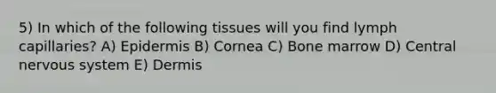 5) In which of the following tissues will you find lymph capillaries? A) Epidermis B) Cornea C) Bone marrow D) Central nervous system E) Dermis