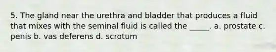 5. The gland near the urethra and bladder that produces a fluid that mixes with the seminal fluid is called the _____. a. prostate c. penis b. vas deferens d. scrotum