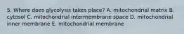 5. Where does glycolysis takes place? A. mitochondrial matrix B. cytosol C. mitochondrial intermembrane space D. mitochondrial inner membrane E. mitochondrial membrane