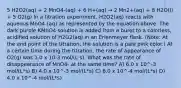 5 H2O2(aq) + 2 MnO4-(aq) + 6 H+(aq) → 2 Mn2+(aq) + 8 H2O(l) + 5 O2(g) In a titration experiment, H2O2(aq) reacts with aqueous MnO4-(aq) as represented by the equation above. The dark purple KMnO4 solution is added from a buret to a colorless, acidified solution of H2O2(aq) in an Erlenmeyer flask. (Note: At the end point of the titration, the solution is a pale pink color.) At a certain time during the titration, the rate of appearance of O2(g) was 1.0 x 10-3 mol/(L⋅s). What was the rate of disappearance of MnO4- at the same time? A) 6.0 x 10^-3 mol/(L*s) B) 4.0 x 10^-3 mol/(L*s) C) 6.0 x 10^-4 mol/(L*s) D) 4.0 x 10^-4 mol/(L*s)