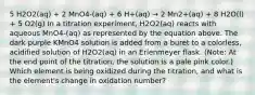 5 H2O2(aq) + 2 MnO4-(aq) + 6 H+(aq) → 2 Mn2+(aq) + 8 H2O(l) + 5 O2(g) In a titration experiment, H2O2(aq) reacts with aqueous MnO4-(aq) as represented by the equation above. The dark purple KMnO4 solution is added from a buret to a colorless, acidified solution of H2O2(aq) in an Erlenmeyer flask. (Note: At the end point of the titration, the solution is a pale pink color.) Which element is being oxidized during the titration, and what is the element's change in oxidation number?