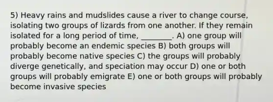 5) Heavy rains and mudslides cause a river to change course, isolating two groups of lizards from one another. If they remain isolated for a long period of time, ________. A) one group will probably become an endemic species B) both groups will probably become native species C) the groups will probably diverge genetically, and speciation may occur D) one or both groups will probably emigrate E) one or both groups will probably become invasive species