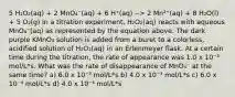 5 H₂O₂(aq) + 2 MnO₄⁻(aq) + 6 H⁺(aq) --> 2 Mn²⁺(aq) + 8 H₂O(l) + 5 O₂(g) In a titration experiment, H₂O₂(aq) reacts with aqueous MnO₄⁻(aq) as represented by the equation above. The dark purple KMnO₄ solution is added from a buret to a colorless, acidified solution of H₂O₂(aq) in an Erlenmeyer flask. At a certain time during the titration, the rate of appearance was 1.0 x 10⁻³ mol/L*s. What was the rate of disappearance of MnO₄⁻ at the same time? a) 6.0 x 10⁻³ mol/L*s b) 4.0 x 10⁻³ mol/L*s c) 6.0 x 10⁻⁴ mol/L*s d) 4.0 x 10⁻⁴ mol/L*s