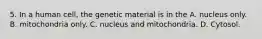 5. In a human cell, the genetic material is in the A. nucleus only. B. mitochondria only. C. nucleus and mitochondria. D. Cytosol.