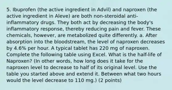 5. Ibuprofen (the active ingredient in Advil) and naproxen (the active ingredient in Aleve) are both non-steroidal anti-inflammatory drugs. They both act by decreasing the body's inflammatory response, thereby reducing pain and fever. These chemicals, however, are metabolized quite differently. a. After absorption into the bloodstream, the level of naproxen decreases by 4.6% per hour. A typical tablet has 220 mg of naproxen. Complete the following table using Excel. What is the half-life of Naproxen? (In other words, how long does it take for the naproxen level to decrease to half of its original level. Use the table you started above and extend it. Between what two hours would the level decrease to 110 mg.) (2 points)