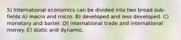 5) International economics can be divided into two broad sub-fields A) macro and micro. B) developed and less developed. C) monetary and barter. D) international trade and international money. E) static and dynamic.