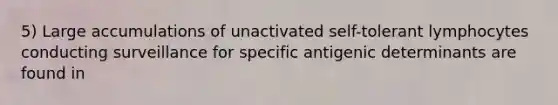 5) Large accumulations of unactivated self-tolerant lymphocytes conducting surveillance for specific antigenic determinants are found in