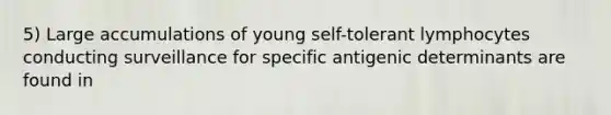 5) Large accumulations of young self-tolerant lymphocytes conducting surveillance for specific antigenic determinants are found in