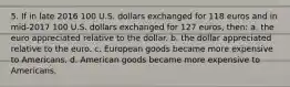 5. If in late 2016 100 U.S. dollars exchanged for 118 euros and in mid-2017 100 U.S. dollars exchanged for 127 euros, then: a. the euro appreciated relative to the dollar. b. the dollar appreciated relative to the euro. c. European goods became more expensive to Americans. d. American goods became more expensive to Americans.