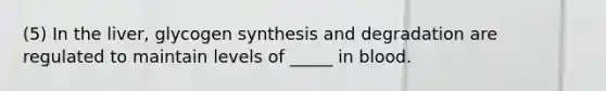 (5) In the liver, glycogen synthesis and degradation are regulated to maintain levels of _____ in blood.