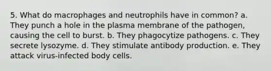 5. What do macrophages and neutrophils have in common? a. They punch a hole in the plasma membrane of the pathogen, causing the cell to burst. b. They phagocytize pathogens. c. They secrete lysozyme. d. They stimulate antibody production. e. They attack virus-infected body cells.