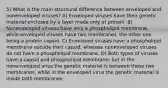 5) What is the main structural difference between enveloped and nonenveloped viruses? A) Enveloped viruses have their genetic material enclosed by a layer made only of protein. B) Nonenveloped viruses have only a phospholipid membrane, while enveloped viruses have two membranes, the other one being a protein capsid. C) Enveloped viruses have a phospholipid membrane outside their capsid, whereas nonenveloped viruses do not have a phospholipid membrane. D) Both types of viruses have a capsid and phospholipid membrane; but in the nonenveloped virus the genetic material is between these two membranes, while in the enveloped virus the genetic material is inside both membranes