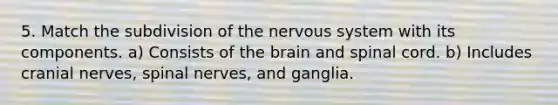 5. Match the subdivision of the nervous system with its components. a) Consists of the brain and spinal cord. b) Includes cranial nerves, spinal nerves, and ganglia.