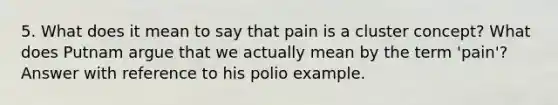 5. What does it mean to say that pain is a cluster concept? What does Putnam argue that we actually mean by the term 'pain'? Answer with reference to his polio example.