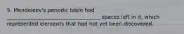 5. Mendeleev's periodic table had ____________________________________ spaces left in it, which represented elements that had not yet been discovered.