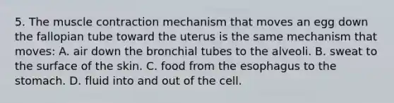 5. The <a href='https://www.questionai.com/knowledge/k0LBwLeEer-muscle-contraction' class='anchor-knowledge'>muscle contraction</a> mechanism that moves an egg down the fallopian tube toward the uterus is the same mechanism that moves: A. air down the bronchial tubes to the alveoli. B. sweat to the surface of the skin. C. food from <a href='https://www.questionai.com/knowledge/kSjVhaa9qF-the-esophagus' class='anchor-knowledge'>the esophagus</a> to <a href='https://www.questionai.com/knowledge/kLccSGjkt8-the-stomach' class='anchor-knowledge'>the stomach</a>. D. fluid into and out of the cell.