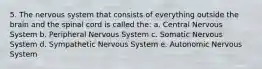 5. The nervous system that consists of everything outside the brain and the spinal cord is called the: a. Central Nervous System b. Peripheral Nervous System c. Somatic Nervous System d. Sympathetic Nervous System e. Autonomic Nervous System