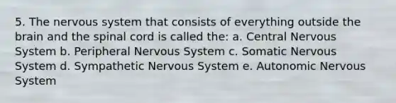 5. The <a href='https://www.questionai.com/knowledge/kThdVqrsqy-nervous-system' class='anchor-knowledge'>nervous system</a> that consists of everything outside <a href='https://www.questionai.com/knowledge/kLMtJeqKp6-the-brain' class='anchor-knowledge'>the brain</a> and <a href='https://www.questionai.com/knowledge/kkAfzcJHuZ-the-spinal-cord' class='anchor-knowledge'>the spinal cord</a> is called the: a. Central Nervous System b. Peripheral Nervous System c. Somatic Nervous System d. Sympathetic Nervous System e. Autonomic Nervous System