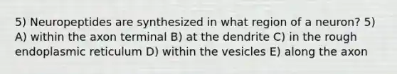 5) Neuropeptides are synthesized in what region of a neuron? 5) A) within the axon terminal B) at the dendrite C) in the rough endoplasmic reticulum D) within the vesicles E) along the axon