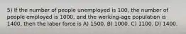 5) If the number of people unemployed is 100, the number of people employed is 1000, and the working-age population is 1400, then the labor force is A) 1500. B) 1000. C) 1100. D) 1400.