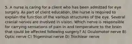 5. A nurse is caring for a client who has been admitted for eye surgery. As part of client education, the nurse is required to explain the function of the various structures of the eye. Several cranial nerves are involved in vision. Which nerve is responsible for carrying sensations of pain in and temperature to the brain that could be affected following surgery? A) Oculomotor nerve B) Optic nerve C) Trigeminal nerve D) Trochlear nerve