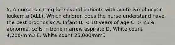 5. A nurse is caring for several patients with acute lymphocytic leukemia (ALL). Which children does the nurse understand have the best prognosis? A. Infant B. 25% abnormal cells in bone marrow aspirate D. White count 4,200/mm3 E. White count 25,000/mm3