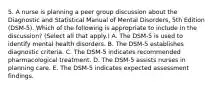 5. A nurse is planning a peer group discussion about the Diagnostic and Statistical Manual of Mental Disorders, 5th Edition (DSM-5). Which of the following is appropriate to include in the discussion? (Select all that apply.) A. The DSM-5 is used to identify mental health disorders. B. The DSM-5 establishes diagnostic criteria. C. The DSM-5 indicates recommended pharmacological treatment. D. The DSM-5 assists nurses in planning care. E. The DSM-5 indicates expected assessment findings.