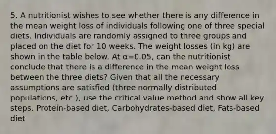 5. A nutritionist wishes to see whether there is any difference in the mean weight loss of individuals following one of three special diets. Individuals are randomly assigned to three groups and placed on the diet for 10 weeks. The weight losses (in kg) are shown in the table below. At α=0.05, can the nutritionist conclude that there is a difference in the mean weight loss between the three diets? Given that all the necessary assumptions are satisfied (three normally distributed populations, etc.), use the critical value method and show all key steps. Protein-based diet, Carbohydrates-based diet, Fats-based diet