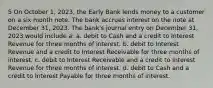 5 On October 1, 2023, the Early Bank lends money to a customer on a six month note. The bank accrues interest on the note at December 31, 2023. The bank's journal entry on December 31, 2023 would include a: a. debit to Cash and a credit to Interest Revenue for three months of interest. b. debit to Interest Revenue and a credit to Interest Receivable for three months of interest. c. debit to Interest Receivable and a credit to Interest Revenue for three months of interest. d. debit to Cash and a credit to Interest Payable for three months of interest.