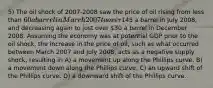 5) The oil shock of 2007-2008 saw the price of oil rising from less than 60 a barrel in March 2007 to over145 a barrel in July 2008, and decreasing again to just over 30 a barrel in December 2008. Assuming the economy was at potential GDP prior to the oil shock, the increase in the price of oil, such as what occurred between March 2007 and July 2008, acts as a negative supply shock, resulting in A) a movement up along the Phillips curve. B) a movement down along the Phillips curve. C) an upward shift of the Phillips curve. D) a downward shift of the Phillips curve.