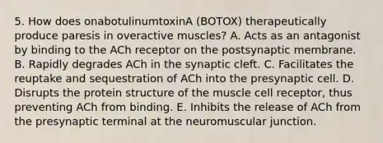 5. How does onabotulinumtoxinA (BOTOX) therapeutically produce paresis in overactive muscles? A. Acts as an antagonist by binding to the ACh receptor on the postsynaptic membrane. B. Rapidly degrades ACh in the synaptic cleft. C. Facilitates the reuptake and sequestration of ACh into the presynaptic cell. D. Disrupts the protein structure of the muscle cell receptor, thus preventing ACh from binding. E. Inhibits the release of ACh from the presynaptic terminal at the neuromuscular junction.