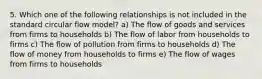 5. Which one of the following relationships is not included in the standard circular flow model? a) The flow of goods and services from firms to households b) The flow of labor from households to firms c) The flow of pollution from firms to households d) The flow of money from households to firms e) The flow of wages from firms to households