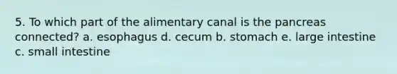 5. To which part of the alimentary canal is the pancreas connected? a. esophagus d. cecum b. stomach e. large intestine c. small intestine