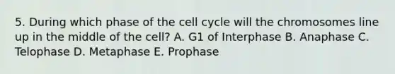 5. During which phase of the cell cycle will the chromosomes line up in the middle of the cell? A. G1 of Interphase B. Anaphase C. Telophase D. Metaphase E. Prophase