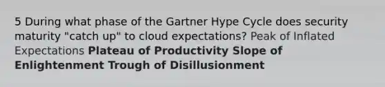 5 During what phase of the Gartner Hype Cycle does security maturity "catch up" to cloud expectations? Peak of Inflated Expectations Plateau of Productivity Slope of Enlightenment Trough of Disillusionment