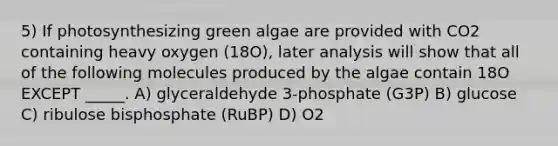 5) If photosynthesizing green algae are provided with CO2 containing heavy oxygen (18O), later analysis will show that all of the following molecules produced by the algae contain 18O EXCEPT _____. A) glyceraldehyde 3-phosphate (G3P) B) glucose C) ribulose bisphosphate (RuBP) D) O2