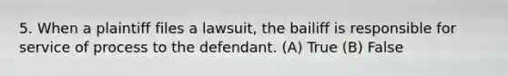 5. When a plaintiff files a lawsuit, the bailiff is responsible for service of process to the defendant. (A) True (B) False