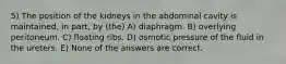 5) The position of the kidneys in the abdominal cavity is maintained, in part, by (the) A) diaphragm. B) overlying peritoneum. C) floating ribs. D) osmotic pressure of the fluid in the ureters. E) None of the answers are correct.