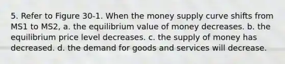 5. Refer to Figure 30-1. When the money supply curve shifts from MS1 to MS2, a. the equilibrium value of money decreases. b. the equilibrium price level decreases. c. the supply of money has decreased. d. the demand for goods and services will decrease.