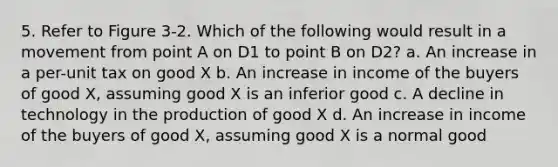 5. Refer to Figure 3-2. Which of the following would result in a movement from point A on D1 to point B on D2? a. An increase in a per-unit tax on good X b. An increase in income of the buyers of good X, assuming good X is an inferior good c. A decline in technology in the production of good X d. An increase in income of the buyers of good X, assuming good X is a normal good